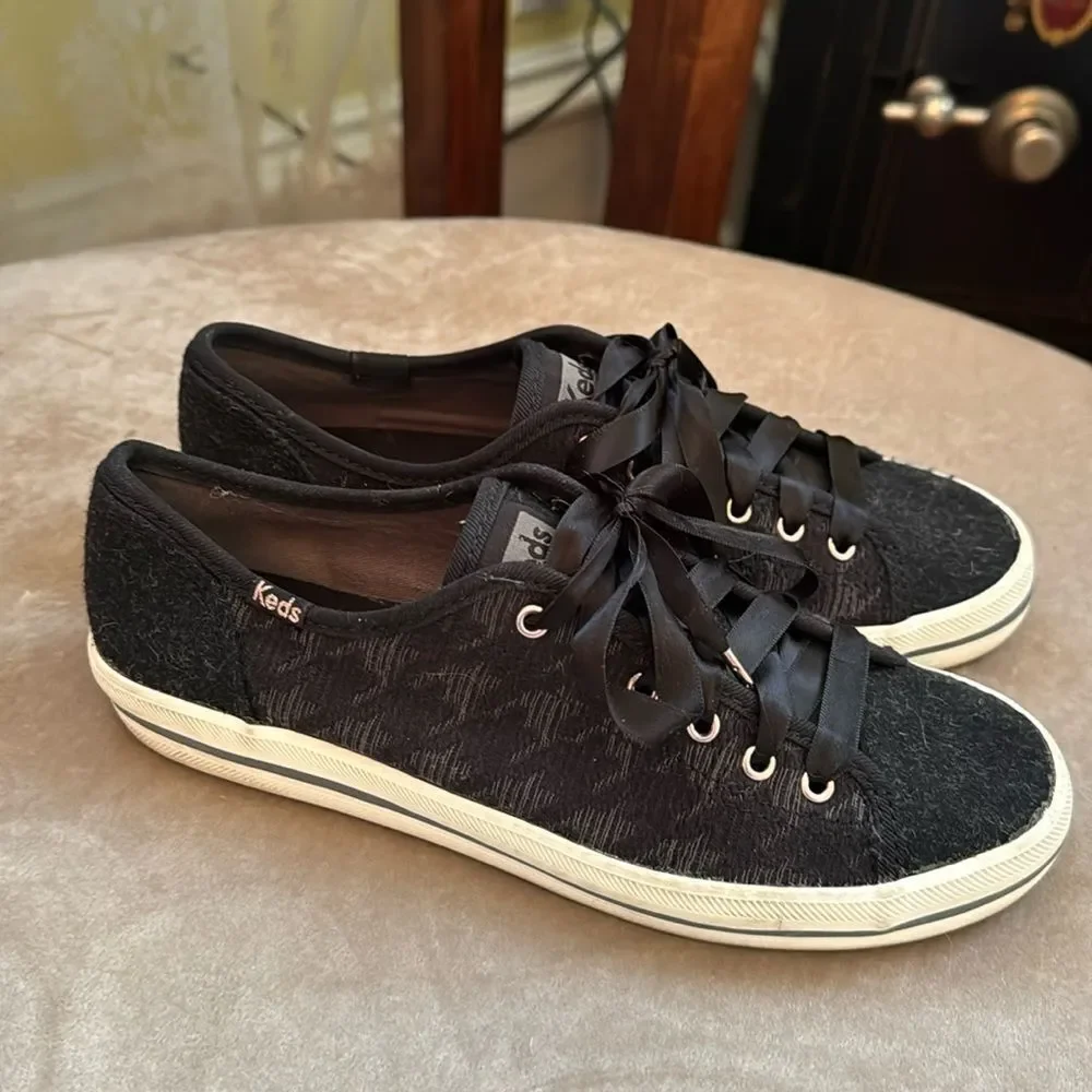 KEDS Sz 6 Blk Grey Houndstooth Sneakers *Ribbon Laces*!